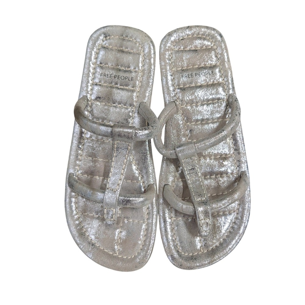Free People Women's Hadden Silver Metallic Leather Strap Slide Sandals- 9.5